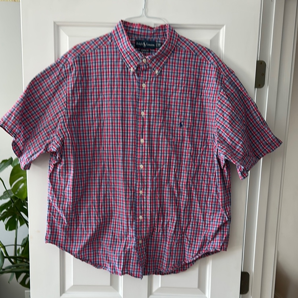 Pink and Navy Plaid Casual Button Down Shirt with Short Sleeves